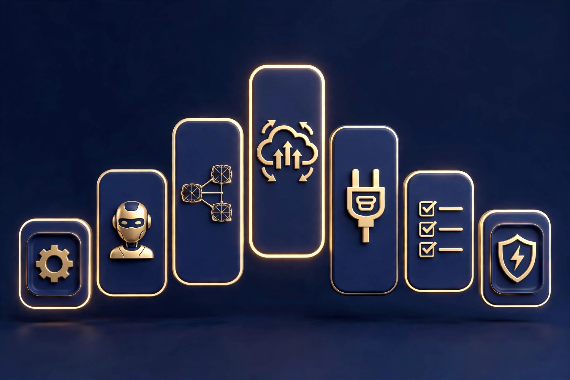3D comparison chart of seven AI automation tools for small business in navy and gold