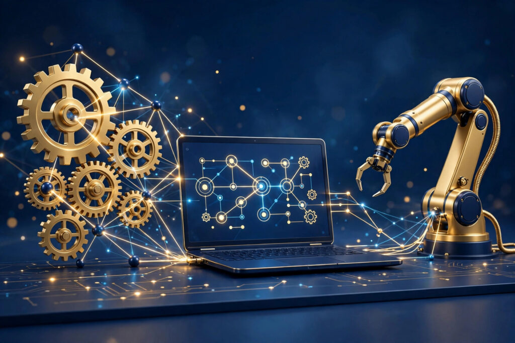 3D illustration of AI automation tools for small business with connected gears and workflows, navy and gold