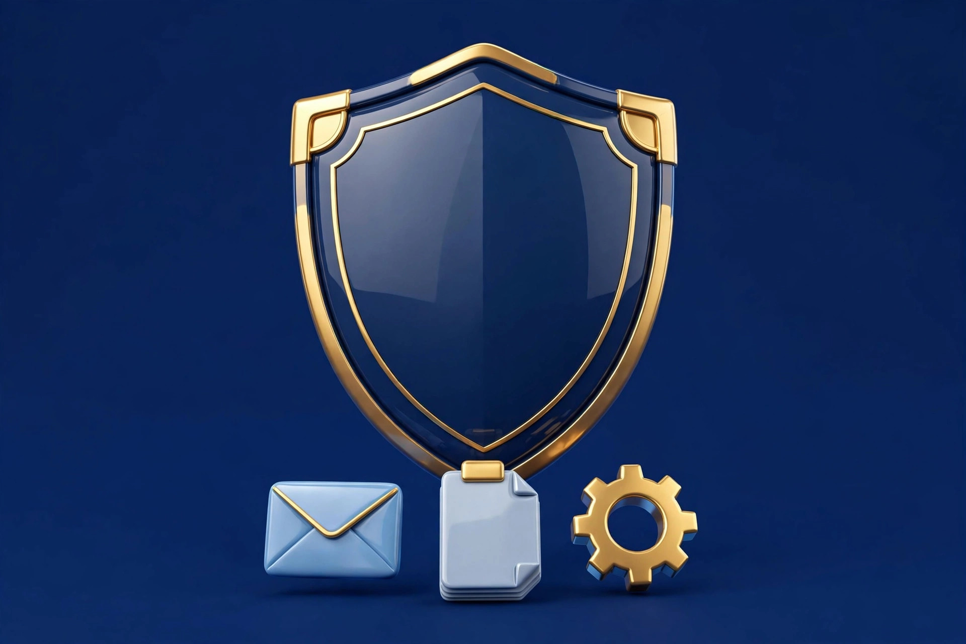 3D shield illustration representing AI automation privacy and safety rules in navy and gold