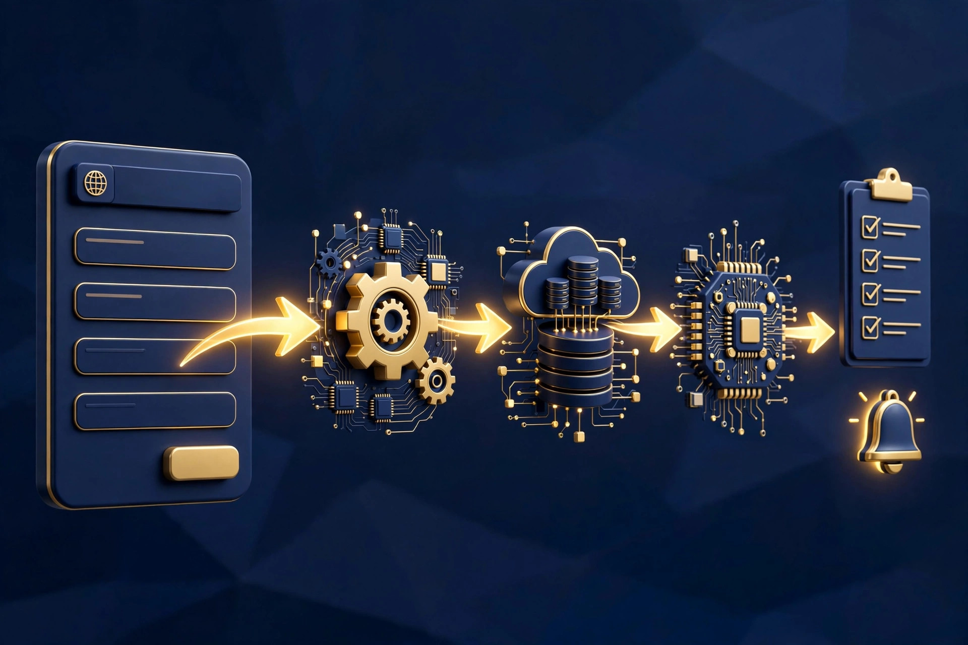 3D workflow illustration of AI automation for small business: from form submission to organized follow-up, navy and gold