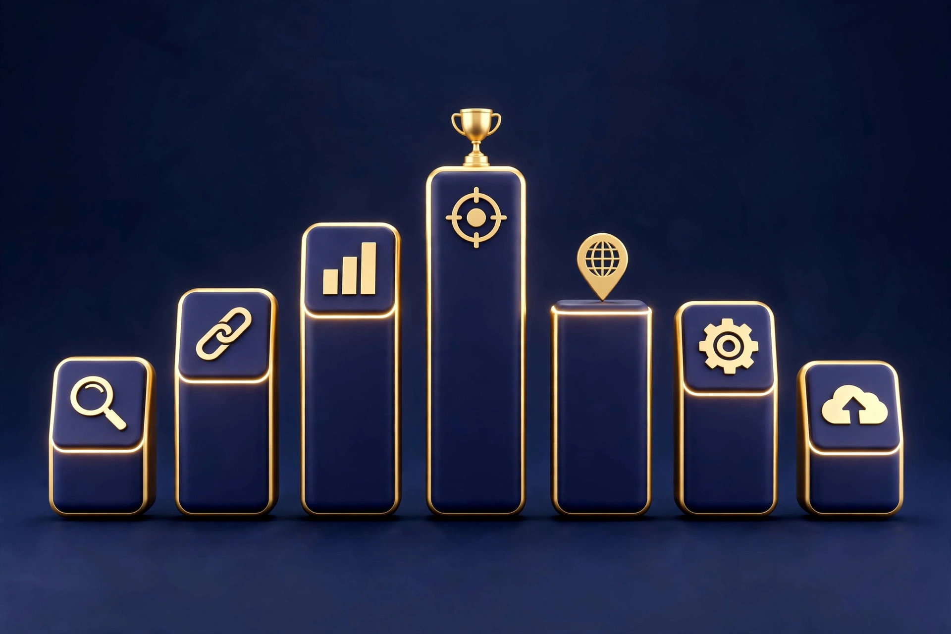 3D comparison of seven AI SEO tools for small business in navy and gold