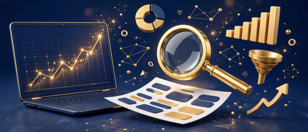 3D illustration of AI SEO tools for small business with rising search charts, navy and gold