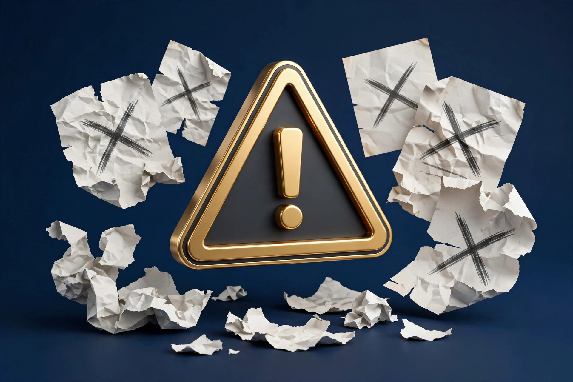 3D illustration of common AI SEO mistakes to avoid, warning concept in navy and gold