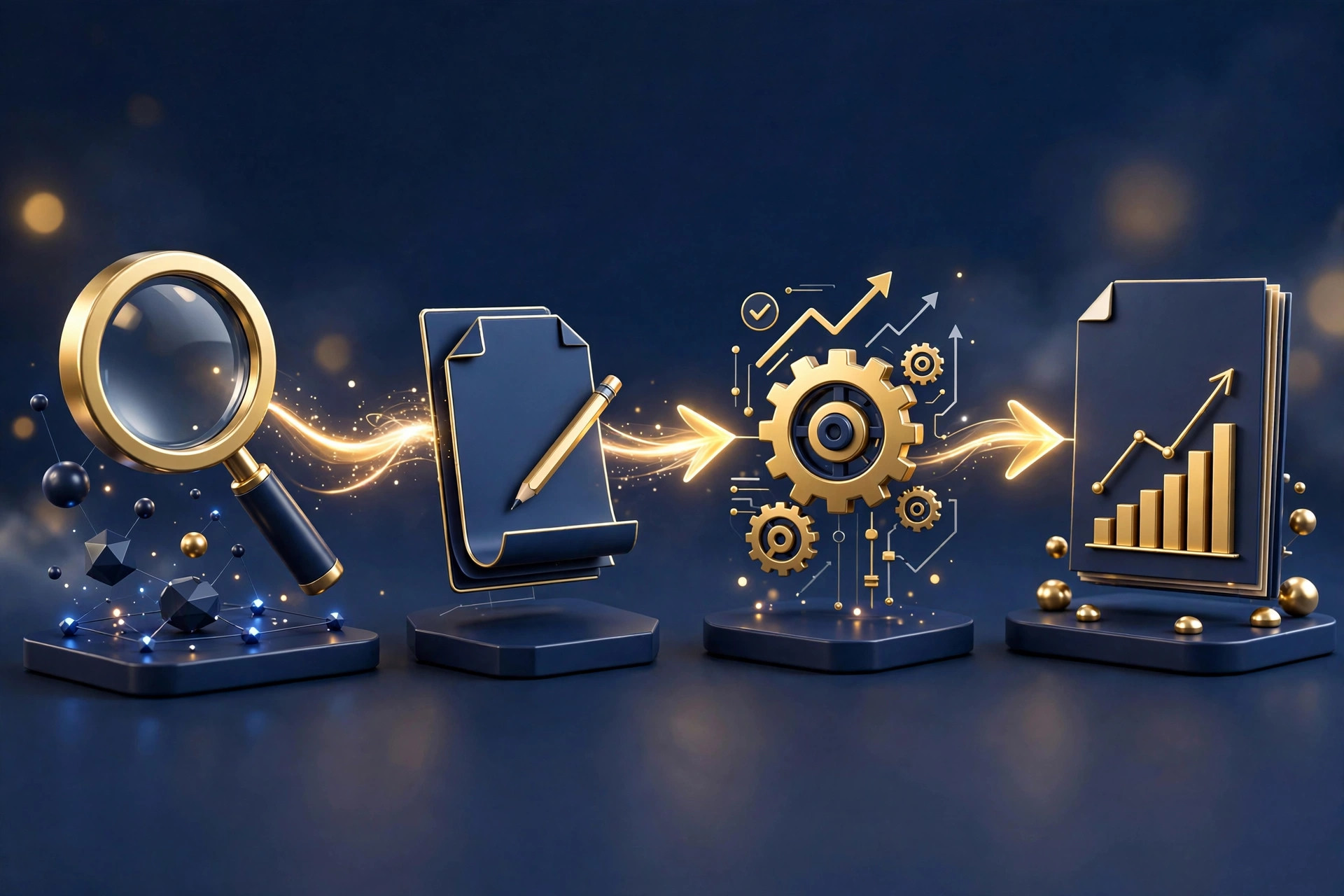 3D illustration of a low-budget AI SEO tools for small business workflow from research to published article in navy and gold
