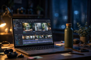 Creator editing an AI video side hustle product clip on a laptop at a navy and gold desk