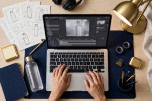 AI video side hustle workspace with a creator editing a short bottle product video