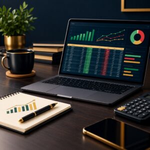 Premium finance-themed illustration of a small-business spreadsheet for tracking cash flow and business expenses.