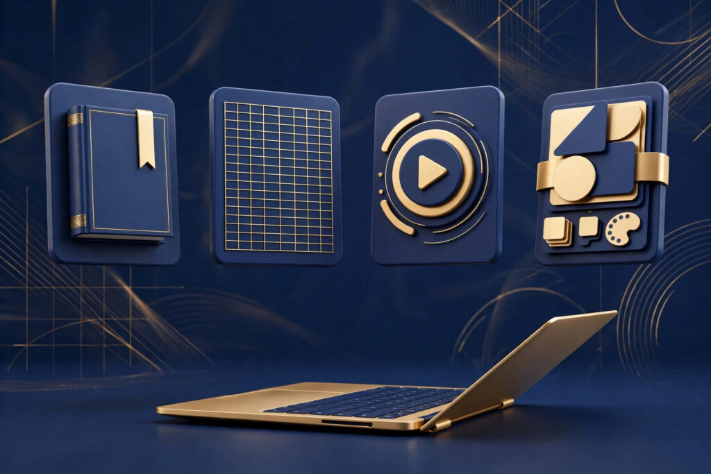 3D illustration of the best digital products to sell on Gumroad: ebook, templates and guides in navy and gold