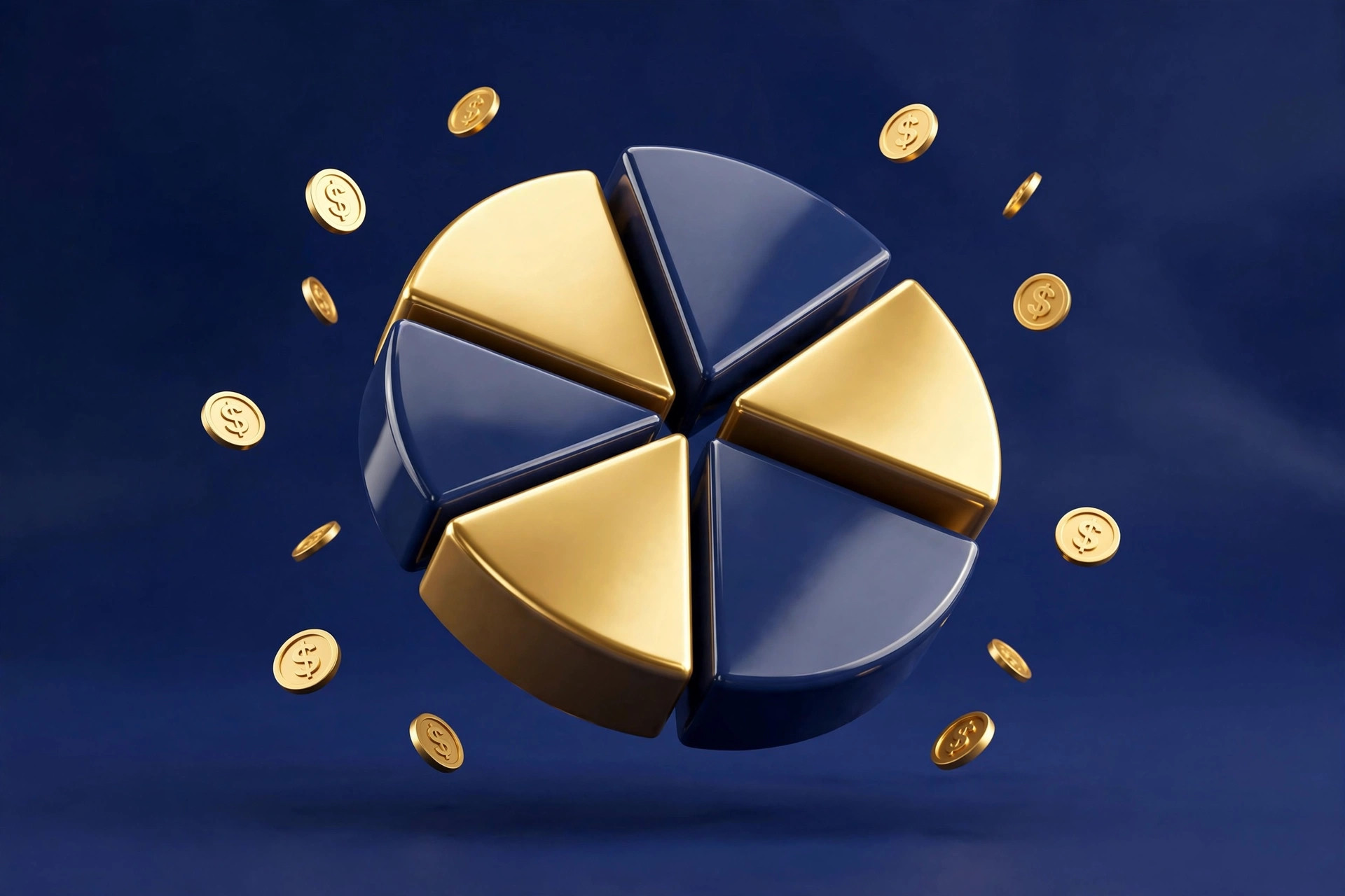 3D pie chart breaking down Gumroad fees on a twenty dollar sale, navy and gold style