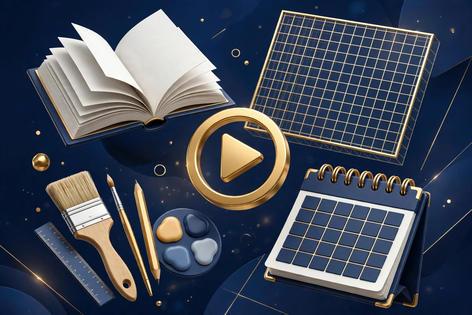 3D collage of the best digital products to sell: ebook, spreadsheet, video tutorial, and design assets in navy and gold
