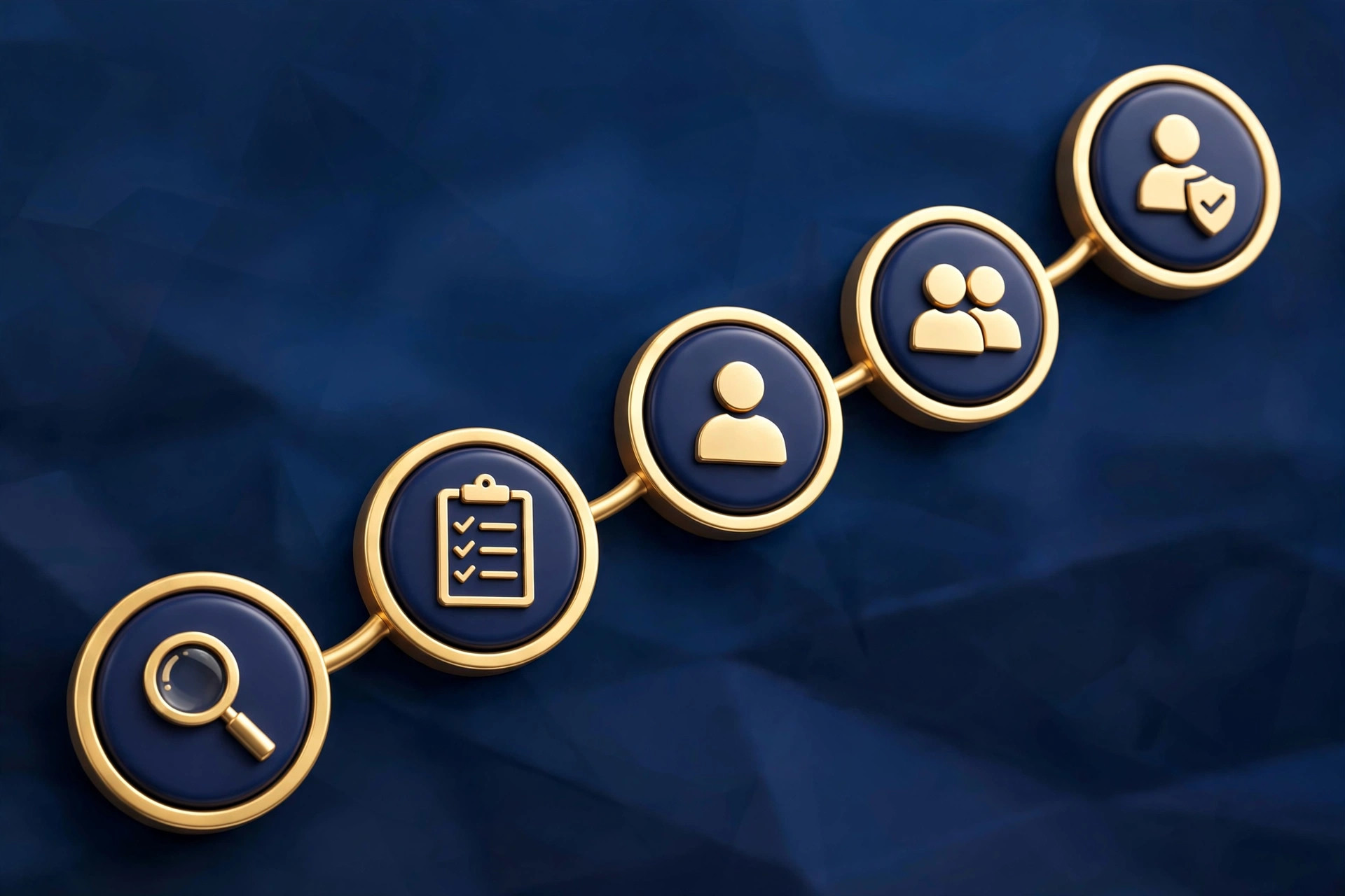 3D infographic showing a 5-step digital product validation process with connected nodes in navy and gold