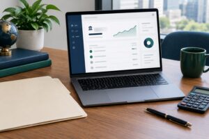 Professional desk with laptop, LLC paperwork and calculator for opening a US business checking account