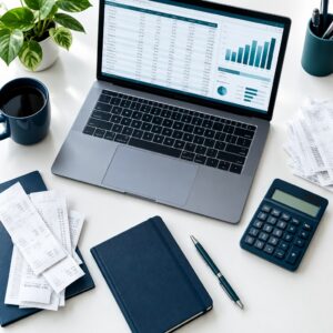 Freelancer business expense tracking spreadsheet on a laptop with calculator and receipts