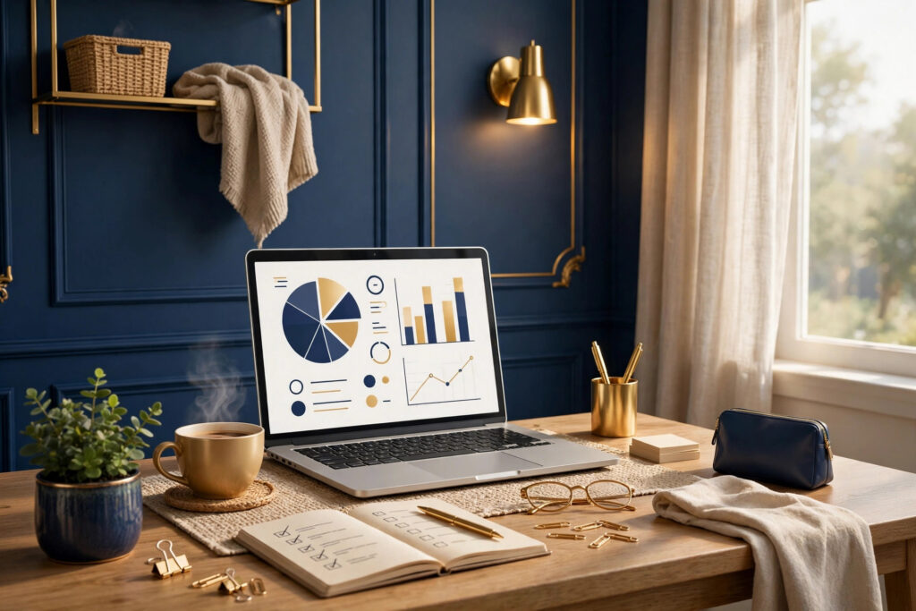 Stay-at-home mom planning stay at home mom business ideas in a bright home office, navy and gold 3D illustration