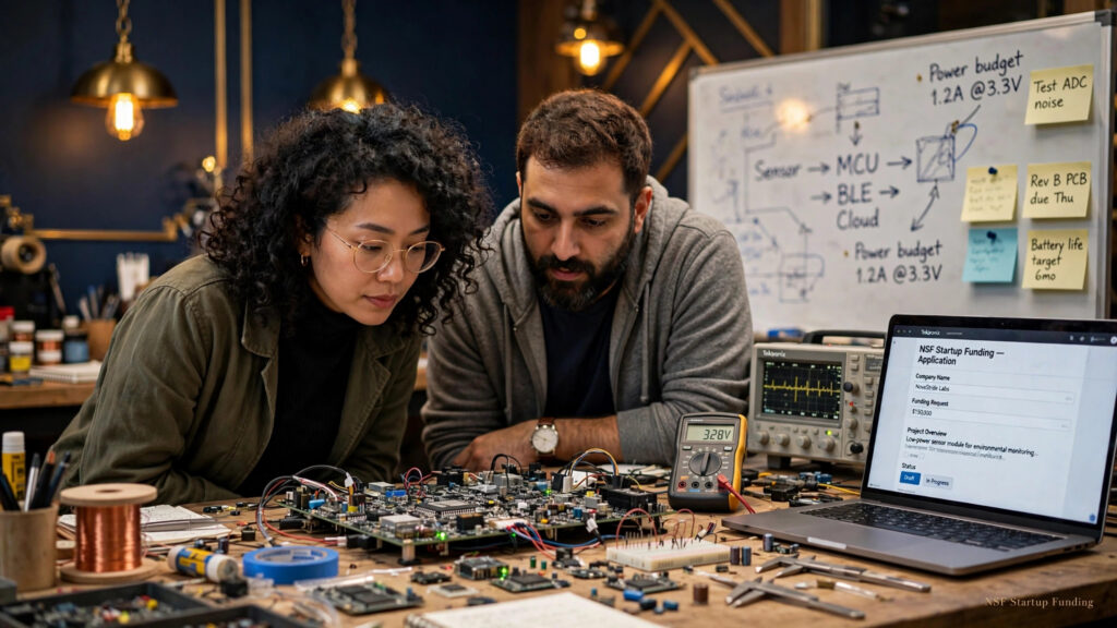 Startup founders reviewing an NSF SBIR grant hardware prototype and funding application in a research lab