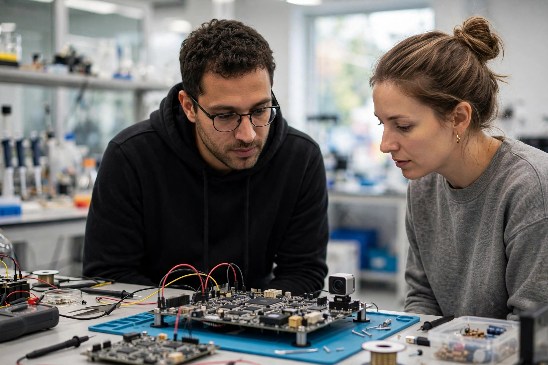 Startup founders examining a hardware prototype in a research lab — the hands-on R&D funded by NSF SBIR grants