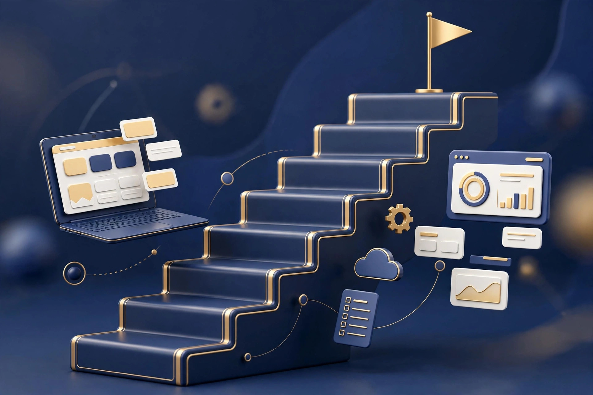3D infographic showing a 7-step web design side hustle process from demo site to paying clients in navy and gold