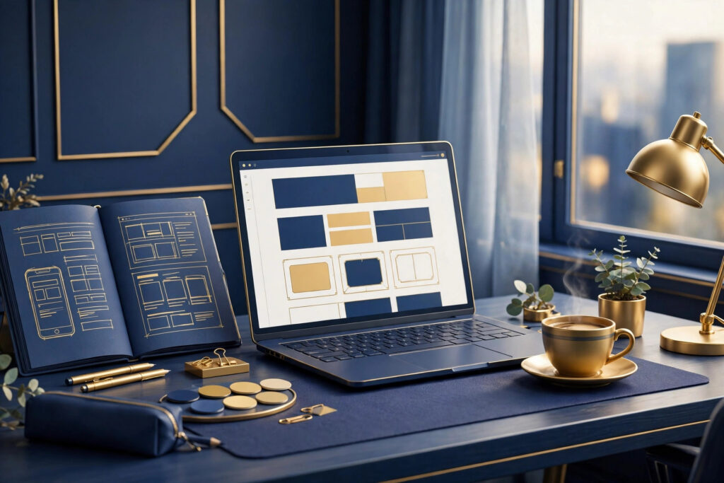 Freelance web designer starting a web design side hustle for small businesses, navy and gold 3D illustration