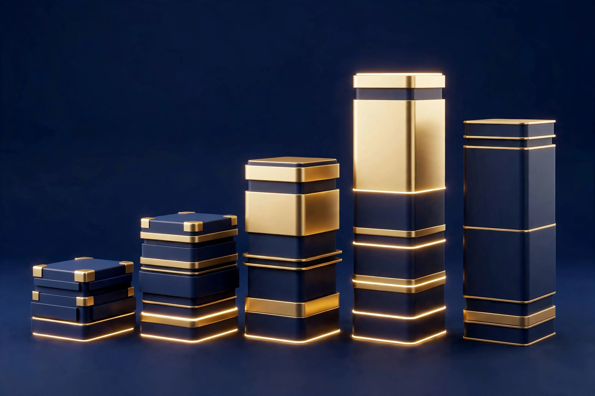 3D comparison of website building platforms for a web design side hustle: WordPress, Wix, Squarespace, Webflow and Shopify in navy and gold