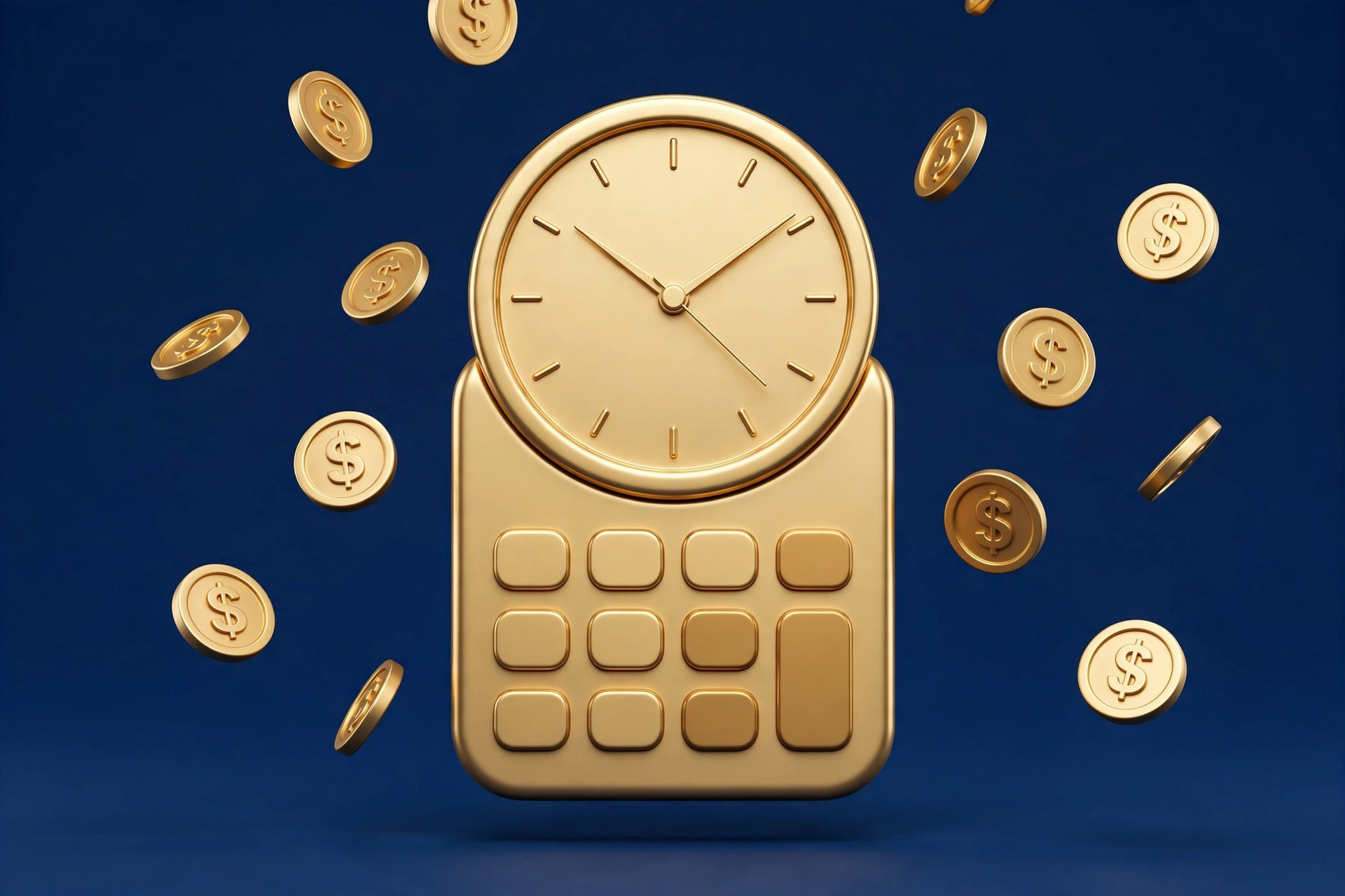 3D illustration of web design side hustle pricing with clock and dollar elements in navy and gold